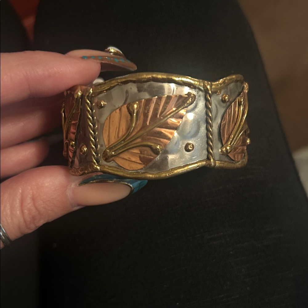 Mixed Metal Hammered Leaf Cuff Bracelet - Silver & Gold Accents